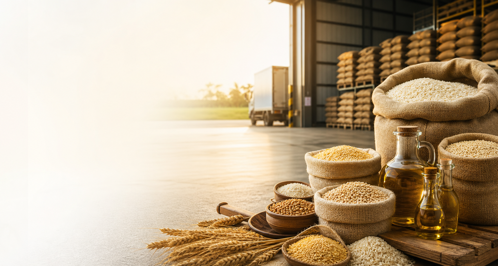 Organized food commodity warehouse with grains and edible oil supply materials